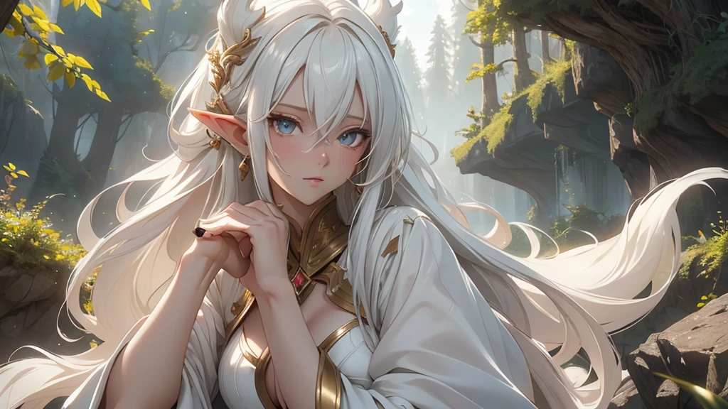 1 girl, Beautiful girl, White hair, "Elf with a captivating look, unearthly beauty, flowing golden hair, pointed ears, dressed in elaborate elven attire, surrounded by a mystical forest, soft sunlight, breaking through lush greenery.", Asian skin tone, Beautiful eyes, beautiful asian face, , long hair, masterpiece, , realistic hair, a lot of hair, White hair, depth of field, point of interest, depth of field is masterpiece, best photography composition masterpiece,  rule of third masterpiece photography, daylight, photography masterpiece daylight from side, realistic skin texture, strong reflection, ( pose pinterest) masterpiece beautiful, Devil's Horns, smooth pixel, ray of light, soft light, permission 8k、complex parts、Toned waist、Wide buttocks、Эффект Тиндаллаmasuter piece、top quality、Highest standards、Highest image quality、table、complex parts、A high resolution、depth of field、natural soft light、professional lighting、about, standing, very long hair, cowboy shot, brilliant, brilliant hair, (night:1.2),Dreamy, [[gentle fingers and hands:0.55]::0.85],(detailed fingers),),(emotional),(breathtaking),(main part:1.2) whole body.), (Anime Style), (Super Detailed), (brutal), (uhd, HDR), (8K), (High Resolution: 1.2), (Complex and Beautiful: 1.2)