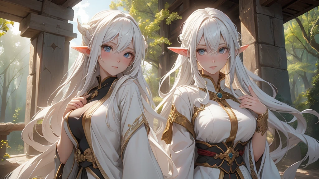 1 girl, Beautiful girl, White hair, "Elf with a captivating look, unearthly beauty, flowing golden hair, pointed ears, dressed in elaborate elven attire, surrounded by a mystical forest, soft sunlight, breaking through lush greenery.", Asian skin tone, Beautiful eyes, beautiful asian face, , long hair, masterpiece, , realistic hair, a lot of hair, White hair, depth of field, point of interest, depth of field is masterpiece, best photography composition masterpiece,  rule of third masterpiece photography, daylight, photography masterpiece daylight from side, realistic skin texture, strong reflection, ( pose pinterest) masterpiece beautiful, Devil's Horns, smooth pixel, ray of light, soft light, permission 8k、complex parts、Toned waist、Wide buttocks、Эффект Тиндаллаmasuter piece、top quality、Highest standards、Highest image quality、table、complex parts、A high resolution、depth of field、natural soft light、professional lighting、about, standing, very long hair, cowboy shot, brilliant, brilliant hair, (night:1.2),Dreamy, [[gentle fingers and hands:0.55]::0.85],(detailed fingers),),(emotional),(breathtaking),(main part:1.2) whole body.), (Anime Style), (Super Detailed), (brutal), (uhd, HDR), (8K), (High Resolution: 1.2), (Complex and Beautiful: 1.2)