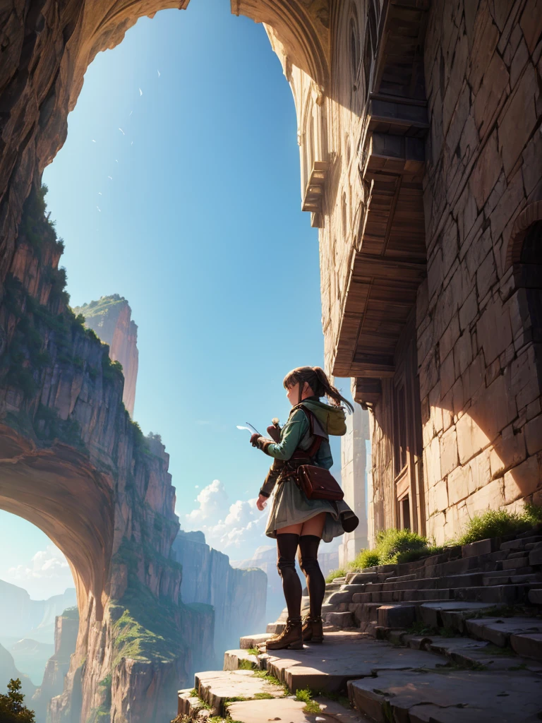 a young female  adventurer, she is standing in front of the tower, looking up, low angle, the background, A huge tower nestled in a magnificent canyon, magnificent and fantastic scenery, beautiful girl, vivid color