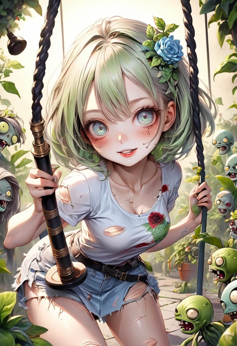 (Plants vs. Zombies), a cute girl, adorable zombie, idol-like, mischievous, fight against plants, drawing of a sword swing in a circle, swinging the sword down, 1girl, beautiful detailed eyes, beautiful detailed lips, extremely detailed facial features, long eyelashes, porcelain skin, cute expression, mischievous smile, ripped clothes, torn clothing, zombie-like skin, idol aesthetic, pastel colors, soft lighting, (highest quality,16k,highres,masterpiece:1.2),ultra-detailed,(ultra-realistic,photo-realistic:1.37)