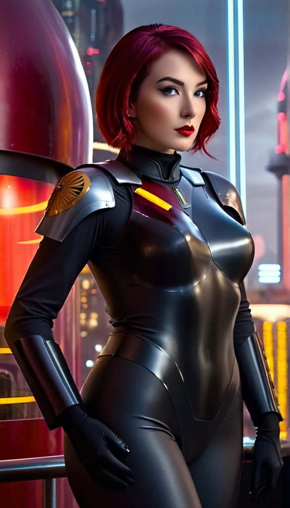 beautiful detailed eyes,thin waist,lovely figure,confident expression,tall and slender,redhead,standing in a futuristic city background,looking over her shoulder,
shiny metallic texture,reflection of the city lights on her latex bodysuit,perfectly fitting curves,
imposing imperial officer hat,impressive armor details,commanding presence,
striking contrast between the dark city and her vibrant red hair,
subtle shadows and highlights on her face,dynamic lighting emphasizing her features,
subtle lens flare in the background,adding a touch of sci-fi atmosphere,
vivid colors,enhancing the overall visual impact of the artwork,
meticulous attention to detail,realistically capturing the intricate design of the imperial officer uniform,
allure and seductiveness exuded by her stunning appearance,
capturing the essence of sabine wren, a strong and fierce character from the Star Wars universe,
emphasis on the sensuality and confidence of the woman depicted,
exuding an air of mystery and intrigue,
creating a visually stunning masterpiece that captivates the viewer's attention.