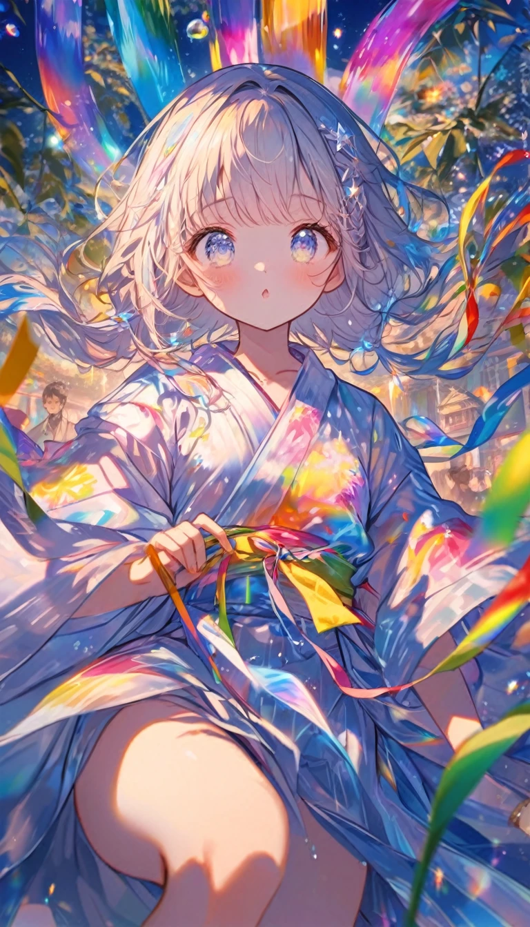 Tanabata、Strip、Bamboo leaf、Stripに願いをこめて、Stripを持っている、Grilling in a yukata,fluid,Particles of light, dream-like,Sparkling,dream-like glow,Paint drips,oil,strong stroke,Paint drips,Splash Paint Drop, oil,(Abstract:1.2)A girl and a boy made up of(Tanabataライトトレース:1.25),Change to (Radioluminescence light tracking) スタイルTanabata,They are Orihime and Hikoboshi(Cowboy Shot,Above Knee Portrait:1.25),Temple Fair,Summer festival,Shining in rainbow colors、16K, Ultra-high resolution, to be born,wonderful ,future、Iridescent、The world 30 years from now。