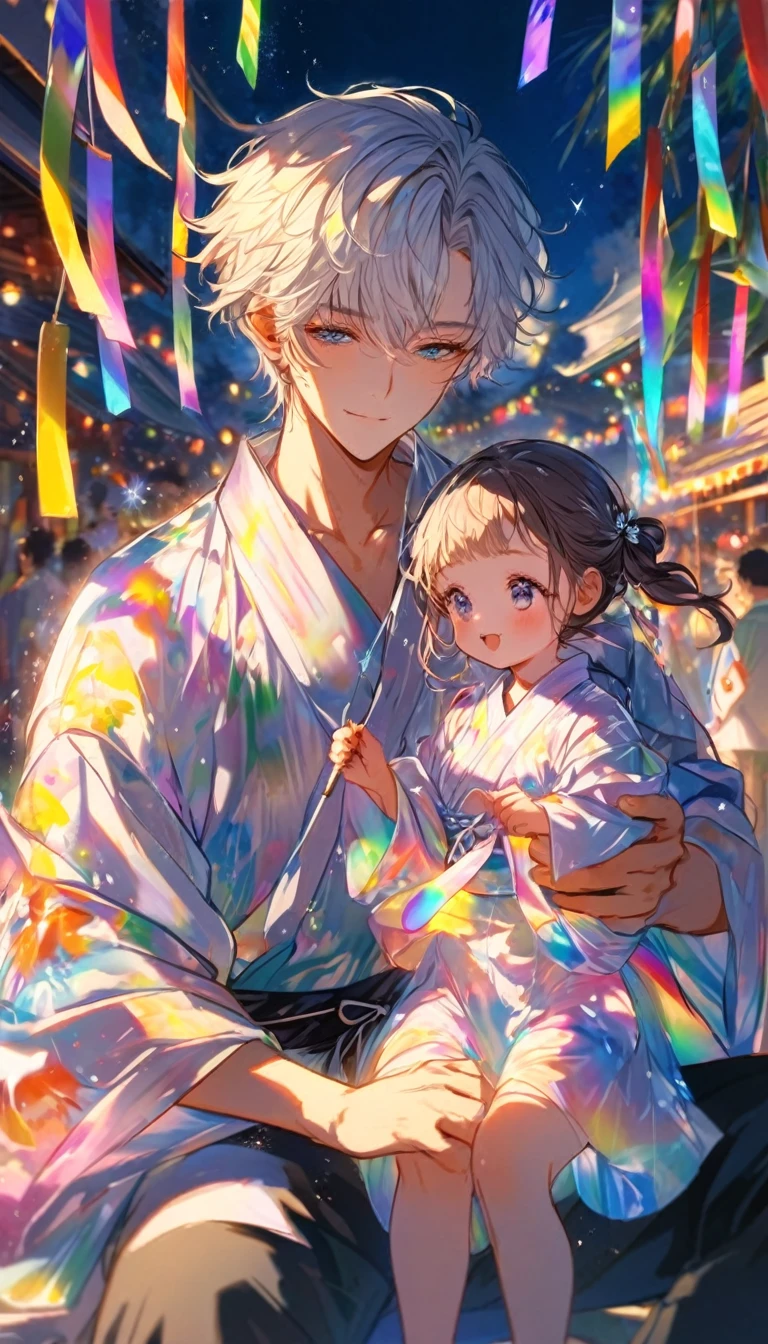 Tanabata、Strip、Bamboo leaf、Stripに願いをこめて、Stripを持っている、Grilling in a yukata,fluid,Particles of light, dream-like,Sparkling,dream-like glow,Paint drips,oil,strong stroke,Paint drips,Splash Paint Drop, oil,(Abstract:1.2)A girl and a boy made up of(Tanabataライトトレース:1.25),Change to (Radioluminescence light tracking) スタイルTanabata,They are Orihime and Hikoboshi(Cowboy Shot,Above Knee Portrait:1.25),Temple Fair,Summer festival,Shining in rainbow colors、16K, Ultra-high resolution, to be born,wonderful ,future、Iridescent、The world 30 years from now。