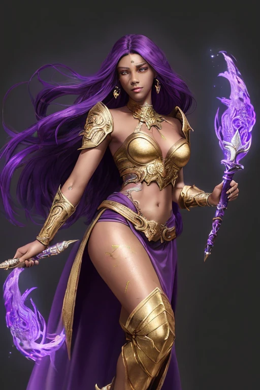 League of Legends character, Sorceress, 25 years old, dark skin, dark skinned female, long purple hair, purple eyes, purple lips, purple eyeliner, covered in tattoos, (Wearing: strapless top, loincloth, golden bracelets1.2). Whole body, Casual pose, Beautiful pose, (Extremely detailed CG 8k wallpaper), (Extremely delicate and beautiful), (Masterpiece), (Best quality: 1.0), (Ultra-high resolution: 1.0), Beautiful lighting, Perfect lighting, Realistic shadows, [high resolution], Detailed skin, Super detailed (((Colorful))), Digital art, League of Legends concept art, full body concept art, Expert concept art with high detail, concept-art, rpg game concept art, concept-art, Vonka Xu style, Video game concept art, 4K, full body portrait
