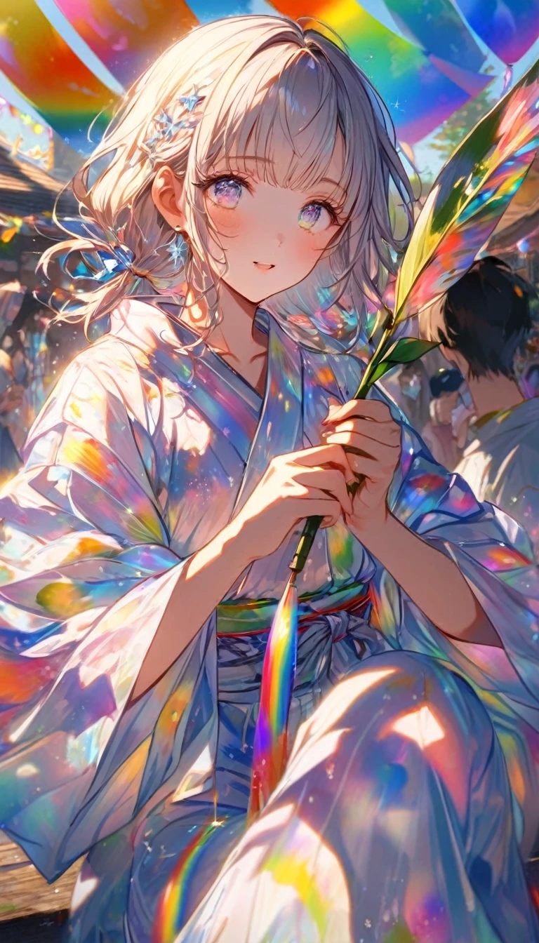 Tanabata、Strip、Bamboo leaf、Stripに願いをこめて、Stripを持っている、Grilling in a yukata,fluid,Particles of light, dream-like,Sparkling,dream-like glow,Paint drips,oil,strong stroke,Paint drips,Splash Paint Drop, oil,(Abstract:1.2)A girl and a boy made up of(Tanabataライトトレース:1.25),Change to (Radioluminescence light tracking) スタイルTanabata,They are Orihime and Hikoboshi(Cowboy Shot,Above Knee Portrait:1.25),Temple Fair,Summer festival,Shining in rainbow colors、16K, Ultra-high resolution, to be born,wonderful ,future、Iridescent、The world 30 years from now。