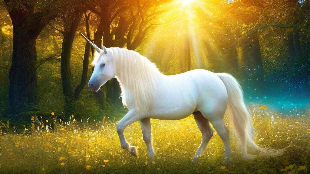 Unicorn in a magical forest, ethereal glowing mane, majestic horn, sparkling eyes and magical aura, surreal atmosphere, enchanted creatures, dreamlike landscape, vibrant and whimsical colors, golden beams of sunlight filtering through the trees, soft and dreamy lighting, intricate details on the unicorn's coat, fantasy art style, mystical and enchanting ambiance, a sense of wonder and awe, the unicorn gracefully galloping through the meadow, fairytale-like setting, other mythical creatures and magical plants surrounding the unicorn, a feeling of tranquility and harmony, a sense of magic in the air. (best quality, ultra-detailed, realistic:1.37), vibrant colors, dreamy lighting.