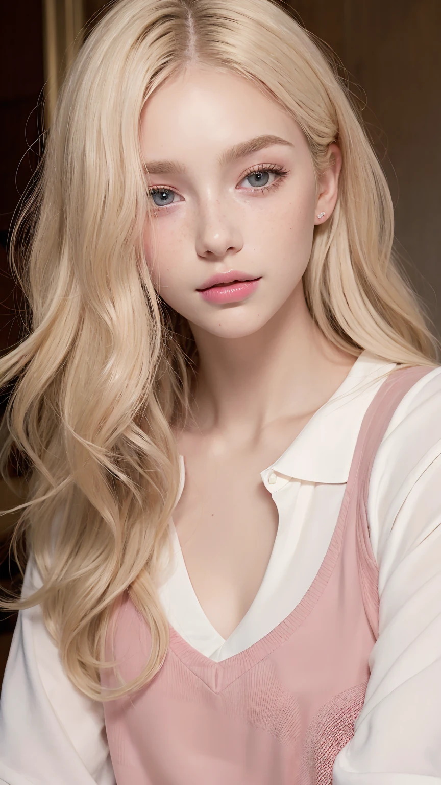 Light blonde hair, Wavy blonde hair, Wavy blonde hair, With small fringe, black eye, Upturned and beautiful nose, Thick lips, Cupid with heart shaped lips.., Pink Lips, pale, White skin, Nice and soft skin, I have freckles and moles, Beautiful eyebrows, Exceptionally beautiful collarbones, He is wearing a polo shirt, dark red, With women&#39;s underwear, slim and beautiful stomach, Bare neckline, (Large Breasts, Soft Breasts, Natural Breasts, Bare neckline), While holding a rose,  Looking at the camera, Auto Photo,