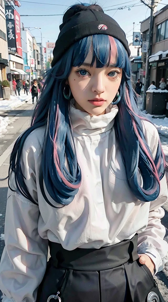 eida, long hair, bangs, blue eyes, very long hair, blue hair, pink hair, multicolored hair, earrings, blunt bangs, two-tone hair, streaked hair, beautiful, beautiful woman, perfect body, perfect breasts, wearing a beanie, wearing a winter jacket, wearing a duffle coat, carrying a bag, wearing a watch, wearing earrings, in public, being in Tokyo city, being on the street, snow on the street, it is snowing, looking at the audience, a slight smile, realism, masterpiece, textured leather, super detailed, high detail, high quality, best quality, 1080p, 16k