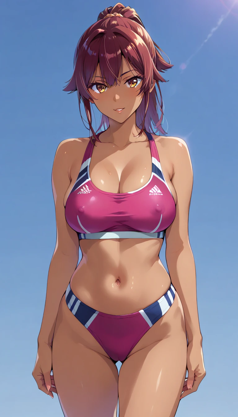 (masterpiece, best quality, ultra-detailed, high resolution, detailed eyes), takeda hiromitsu style, (1woman), (training wear), athlete body, tall, (dark skin:1.6), short red hair, ponytail, standing, looking at viewer, pov, cowboy shot