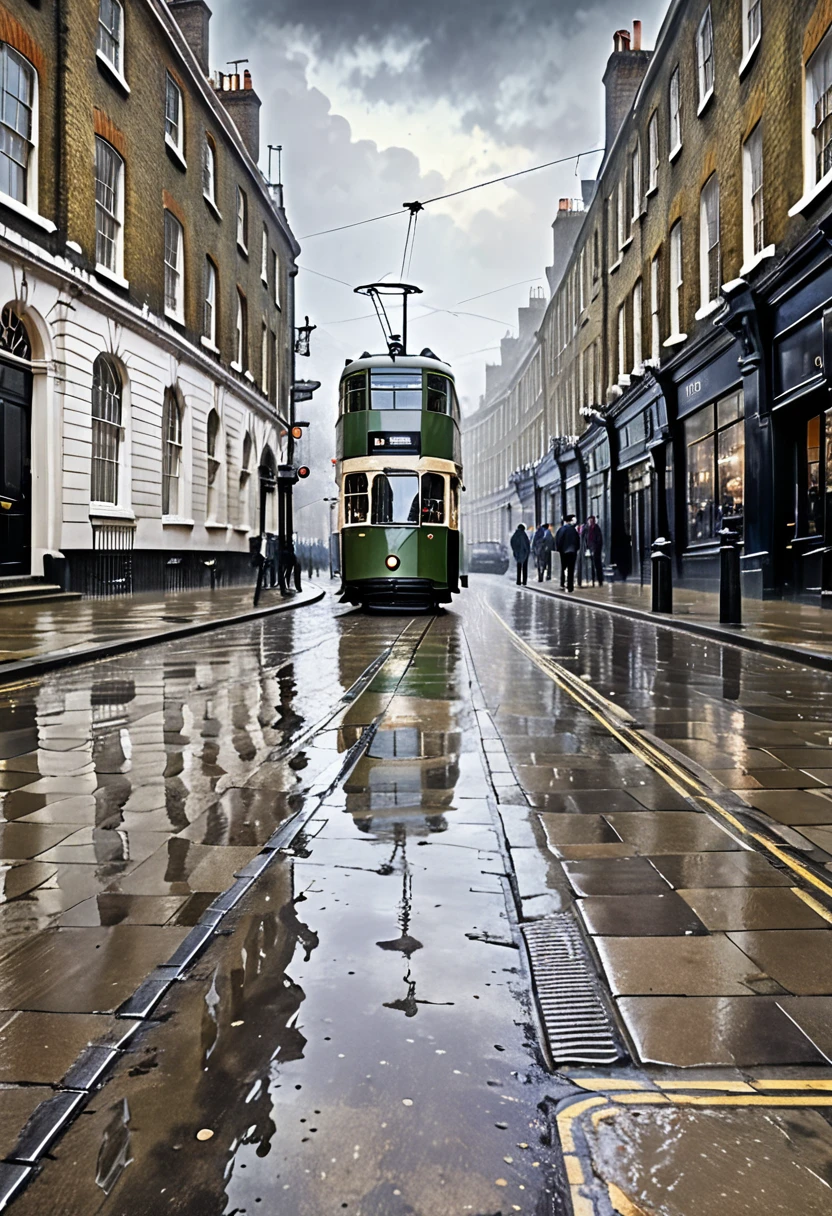 Tram on London streets, old London, retro photo, nineteenth century, masterpiece, high resolution, very detailed, Cloudy, damp, wet stone pavements, HD quality
