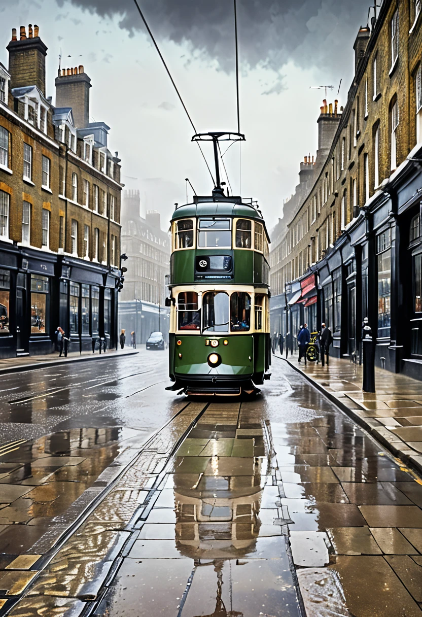 Tram on London streets, old London, retro photo, nineteenth century, masterpiece, high resolution, very detailed, Cloudy, damp, wet stone pavements, HD quality