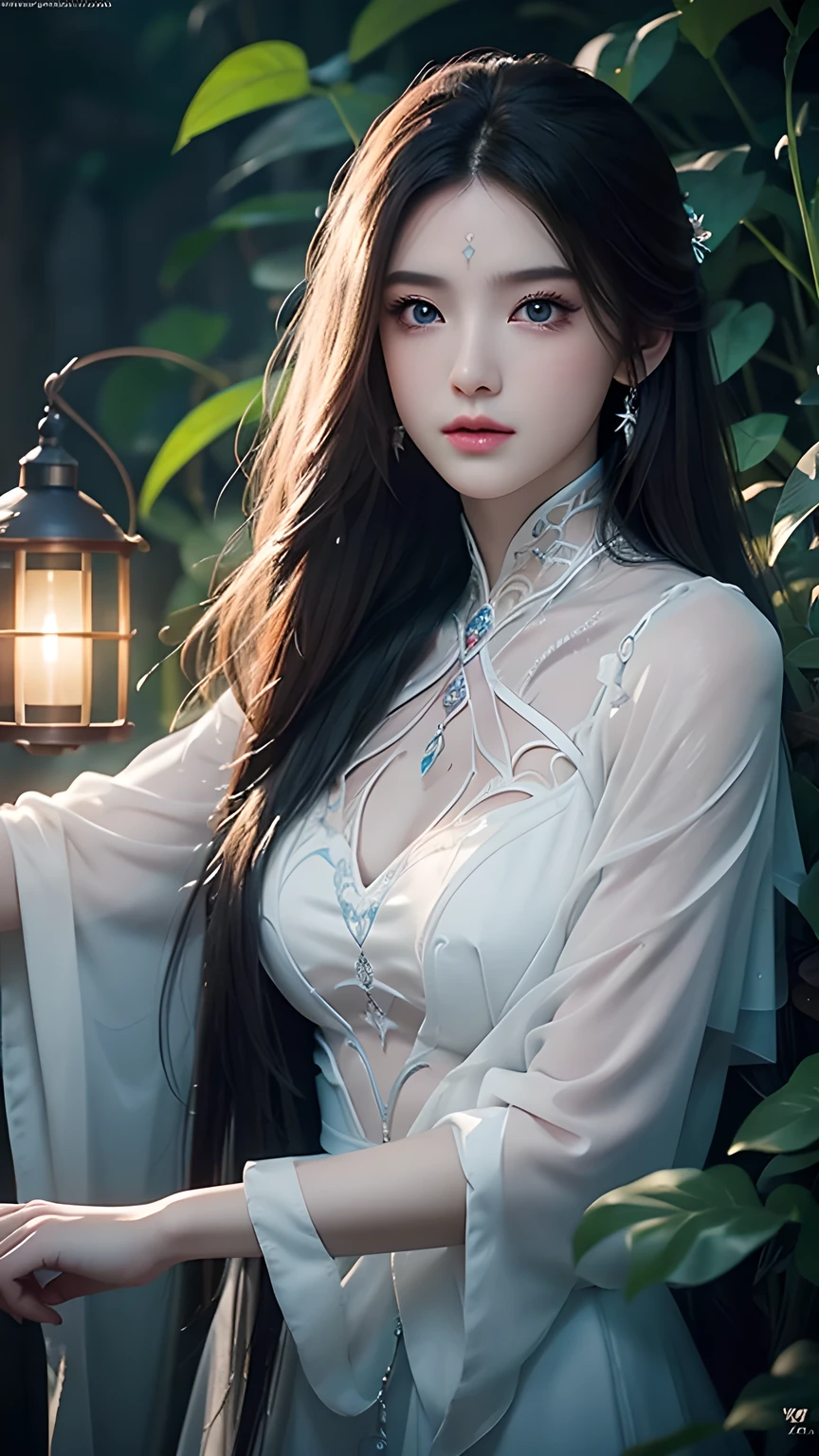 Beautiful semi-three-dimensional style，((Enchanting royal sister))，Oversized upper body，Clothing glows fluorescence，masterpiece，(Best quality)，Warm and cold coordination，，(Extremely detailed CG unity 8kwallpaper)，blue eyes，Delicate eyes）（Messy hair），Colored tip，Black inner hair，Intricate filigree，Volumetric Lighting，jungle，Tyndall Effect，A sense of colorful atmosphere，Halation，Best quality，（masterpiece：1.35），wallpaper，（illustration），Original，Delicate accessories，Flowing long hair，Messy hair，Black fog surrounds，Dense forest，Big red lantern，A large number of light particles，magic，Flowing ripples，(Best quality)，Fine details，Watercolor effect，Ink splash，Pink floating clouds，lightning，Hydration，gradient，Extra long hair，Delicate face，((Exquisite facial features)，((Long eyelashes)))，((Enchanting and charming))，Red pupils，Classical temperament，cartoon，Beautiful and exquisite，Jungle Adventure，Temperament confidence，8K，Women's whole body，arrogant，enthusiasm，Beauty，(Full body close-up)，Dreamy and beautiful，Depth of Field，Macro lens，Queen temperament，Sexy long legs，Big boobs。