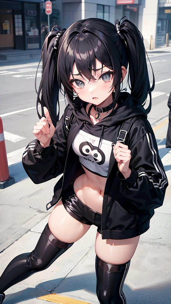 An anime character with a gothic style, featuring black twin-tails and expressive eyes. She is wearing a black hoodie with a white symbol on the chest, matching black pants, and modern sneakers. She holds a small black bag. The background is an urban street scene with visible buildings, emphasizing her edgy and contemporary look