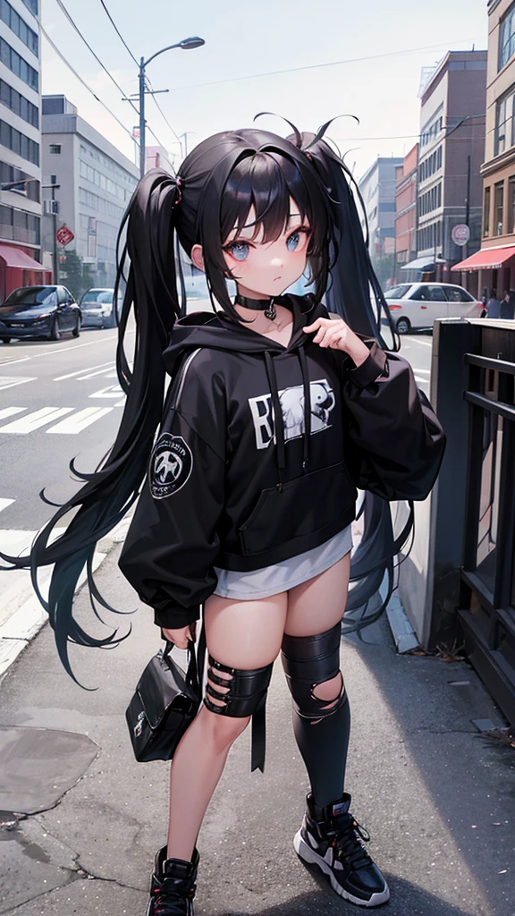 An anime character with a gothic style, featuring black twin-tails and expressive eyes. She is wearing a black hoodie with a white symbol on the chest, matching black pants, and modern sneakers. She holds a small black bag. The background is an urban street scene with visible buildings, emphasizing her edgy and contemporary look