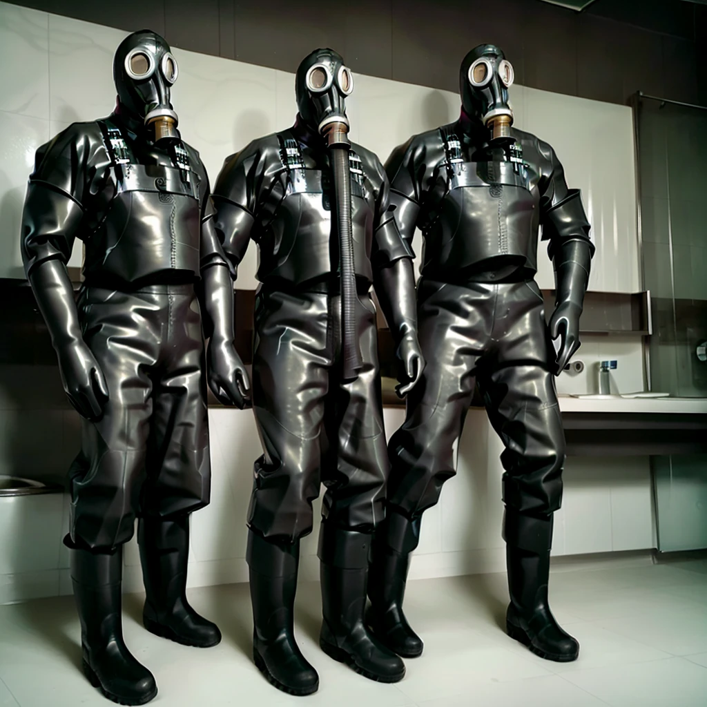 Two men in gas masks with hose, latex bodysuits,wellington boots, elbow length skin tight latex gloves and overalls heavy rubber , ((breathing tube)), bathroom, ultra detailed, realistic 