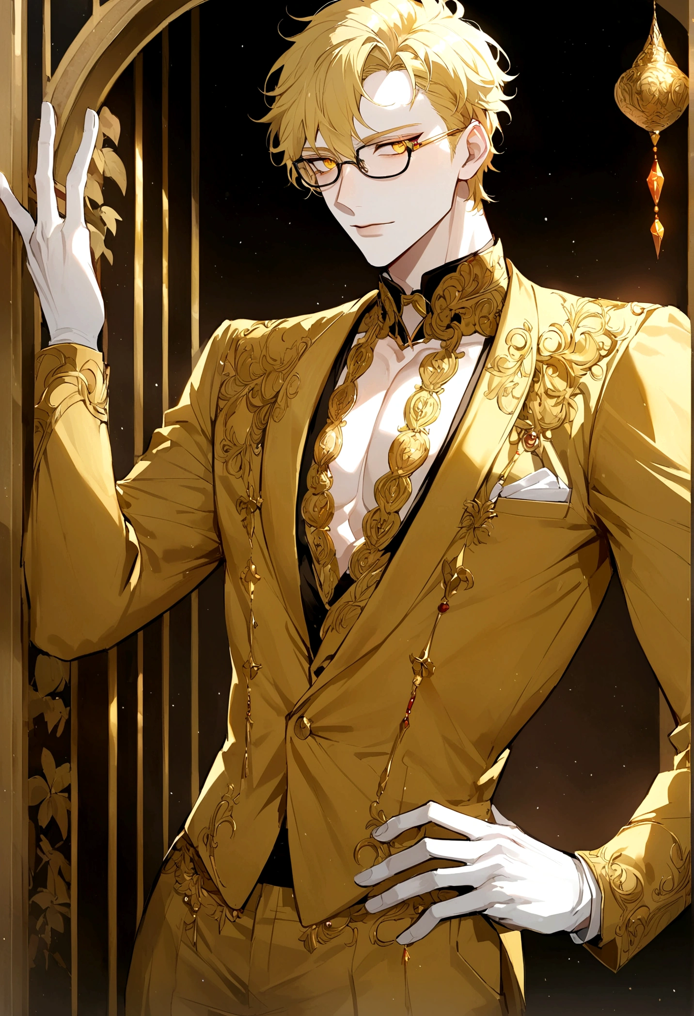 anime, male, short hair, blonde hairs, gold eyes, 180cm, wears beskap king of java, six pack, handsome, white skin, good boys, wears gold, wear glasses, toksido