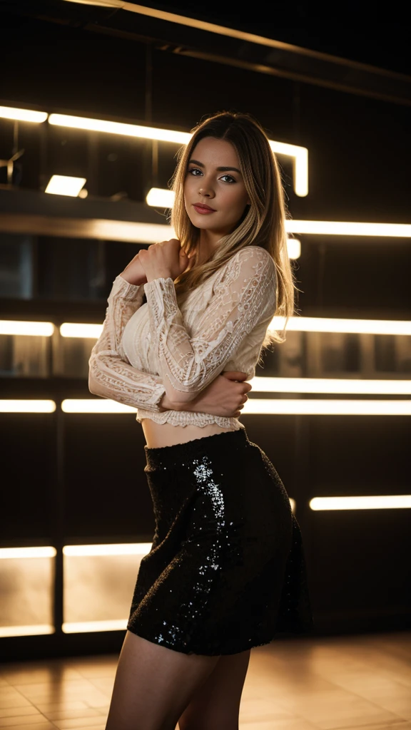 an icelandic woman with beautiful Delicate eyes, Beautiful and delicate lips, Extremely detailed face and skin, Pale skin, 23 years old, Wearing a dark lace top, black sequined skirt, skirt, high heels, medium long shot, dancing in the dance hall, beautiful lights, sexy figure, long legs, full body portrait. Beautiful photography，Long eyelashes, Good anatomy , Practical skin texture, Delicate eyes, professional, 4K, Wide-angle lens, Optical Depth of Field, Kodak Vision Color, Perfectly proportioned body, Extremely detailed, ultra-photoPractical, Practical, Post-Processing, Maximum details, Roughness, real life, ultra -Practical, Photorealism, photography, 8K Ultra HD, photography