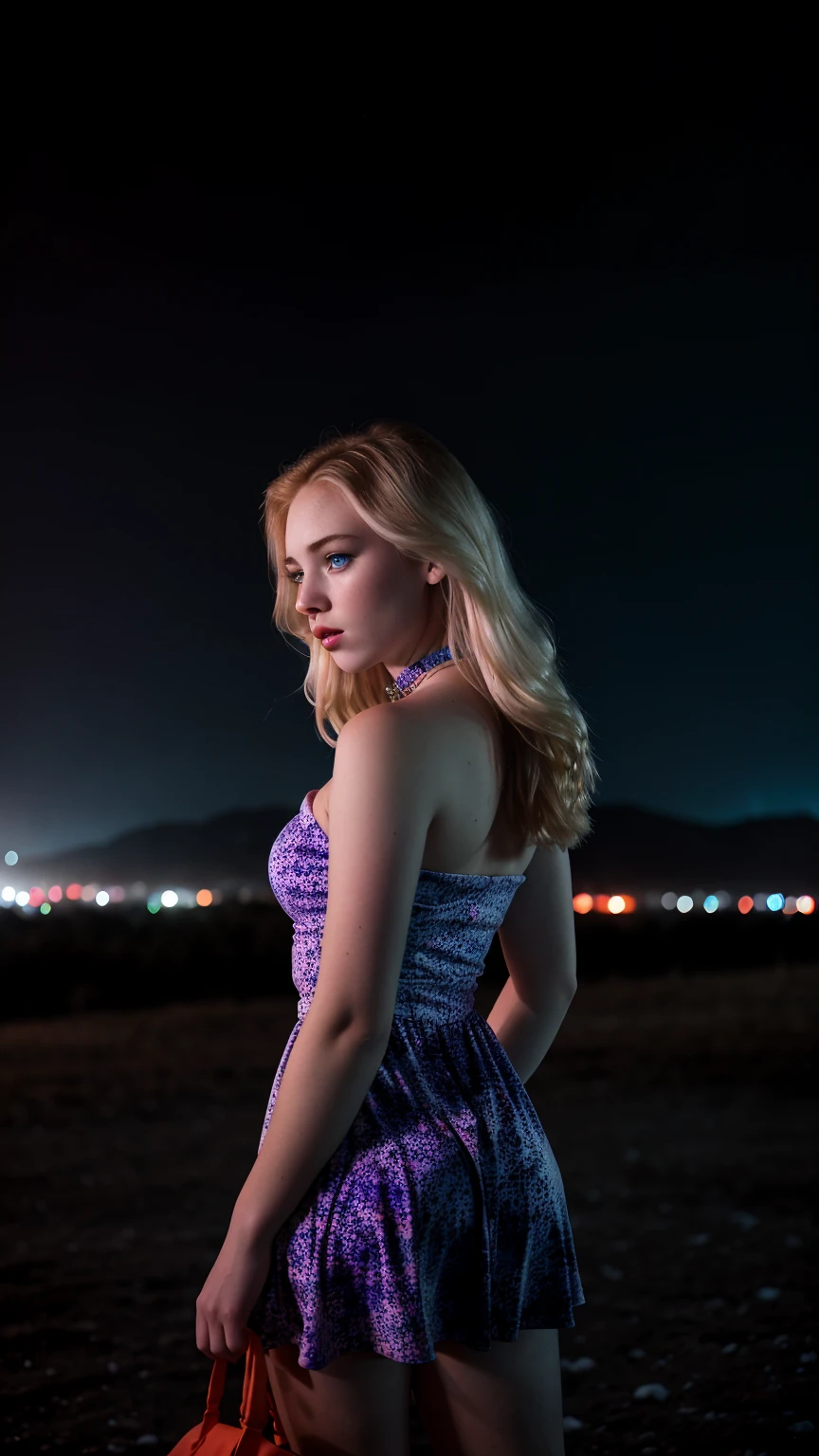 Analog photography featuring a melancholic American adult model (Ivy Snow) amidst the shadows of a dimlit mountain at night, blonde curvy-girl (18yo, Smokey eyes, very pale skin(PORCELAIN SKIN), large breasts, tightened thighs, huge ass, Chubby blonde-girl)-Bold pink-lips, Pout face expression. Her bright blue-eyes(piercing through the darkness). Dressed in a strapless minidress(Tangerine-orange/Deep-Purple colors, print bodycon, tube-dress, accents her large bust, and highlights her waist), with a bag, and a choker. Pout face expression, Standing all in CANDID poses, and holding a plastic-bag. The photograph captures foggy cold of the night(with its Sad atmosphere). A subtle haze and a soft focus on the background enhance the quality of the image, (backlighting), Horror movie effects, The natural light casts long shadows, accentuating the desaturated colors and oppressive & frost atmosphere of this vintage-photography-style image. A 70mm grainy film captures the scene, with a bokeh effect softening the focus, -enhancing the overall composition. ((from the below view))