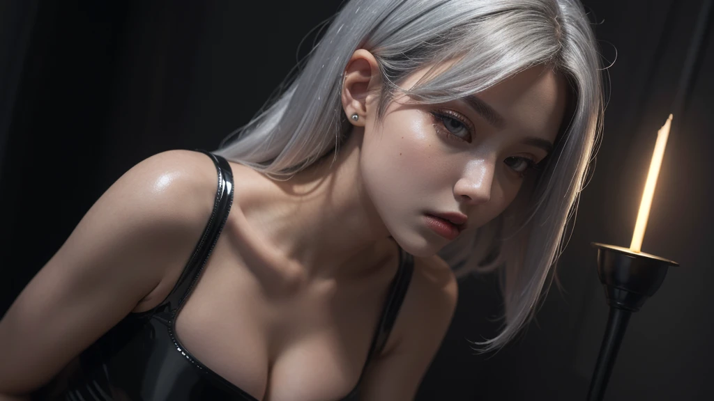 masterpiece, Raw photo，Photorealism，A high resolution，top quality，A high resolution, perfect composition, perfect face, Perfect body, 16K，Cinematic lighting，silver hair，Succubus，snail，latex，black，attractive，Demon castle background、Devil&#39;suit, showing collarbone、face close up、permission 8k、complex parts、Toned waist、Wide buttocks、Эффект Тиндаллаmasuter piece、top quality、Highest standards、Highest image quality、table、complex parts、A high resolution、depth of field、natural soft light、professional lighting、about, standing, very long hair, cowboy shot, brilliant, brilliant hair, (night:1.2),Dreamy, [[gentle fingers and hands:0.55]::0.85],(detailed fingers),),(emotional),(breathtaking),(main part:1.2) whole body.), (Anime Style), (Super Detailed), (brutal), (uhd, HDR), (8K), (High Resolution: 1.2), (Complex and Beautiful: 1.2),((masterpiece, top quality)), detailed face, masterpiece, Best quality, 1 adult woman, female focus, aboutдин, dark black hair, Bright red eyes, long hair, Looking at the viewer, closed mouth