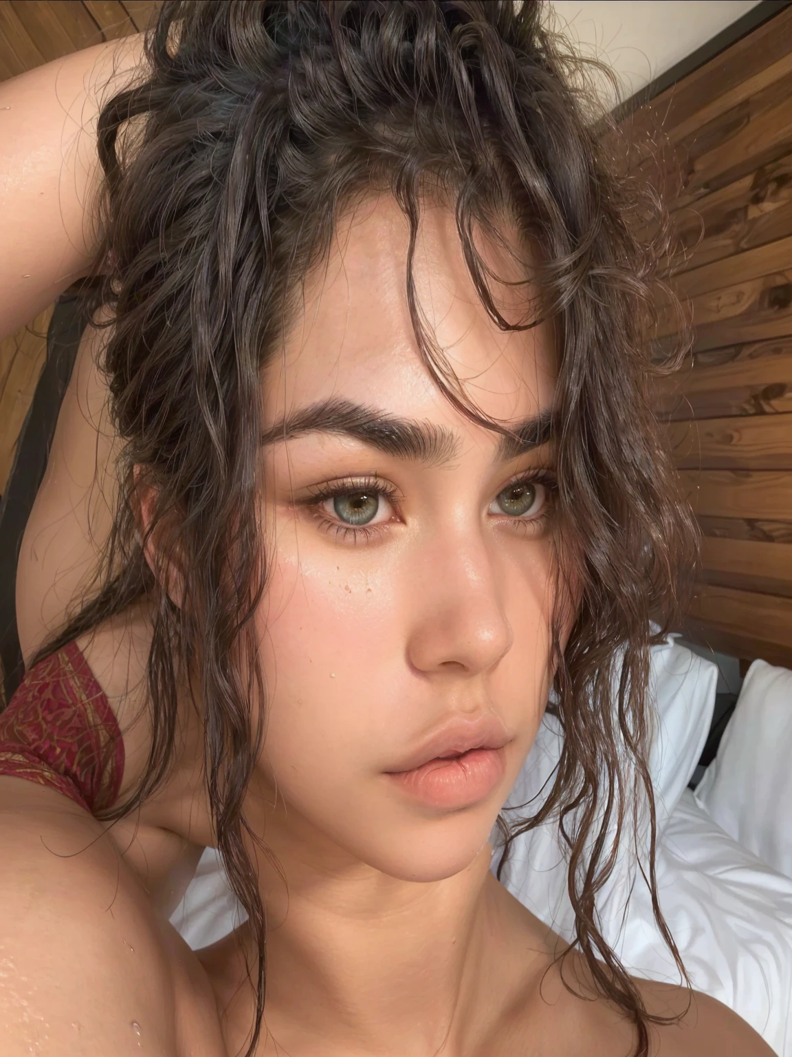 There is a woman with wet hair and no shirt, thick, straight eyebrows, beautiful latin face, olive skinnedned, flawless olive skinned, relaxed eyebrows, Thick eyebrows, she has olive brown skin, no makeup wavy hair, Zoë Kravitz, Come to the hammam, sexy face, big bold Thick eyebrows, olive skinned, Thick eyebrows