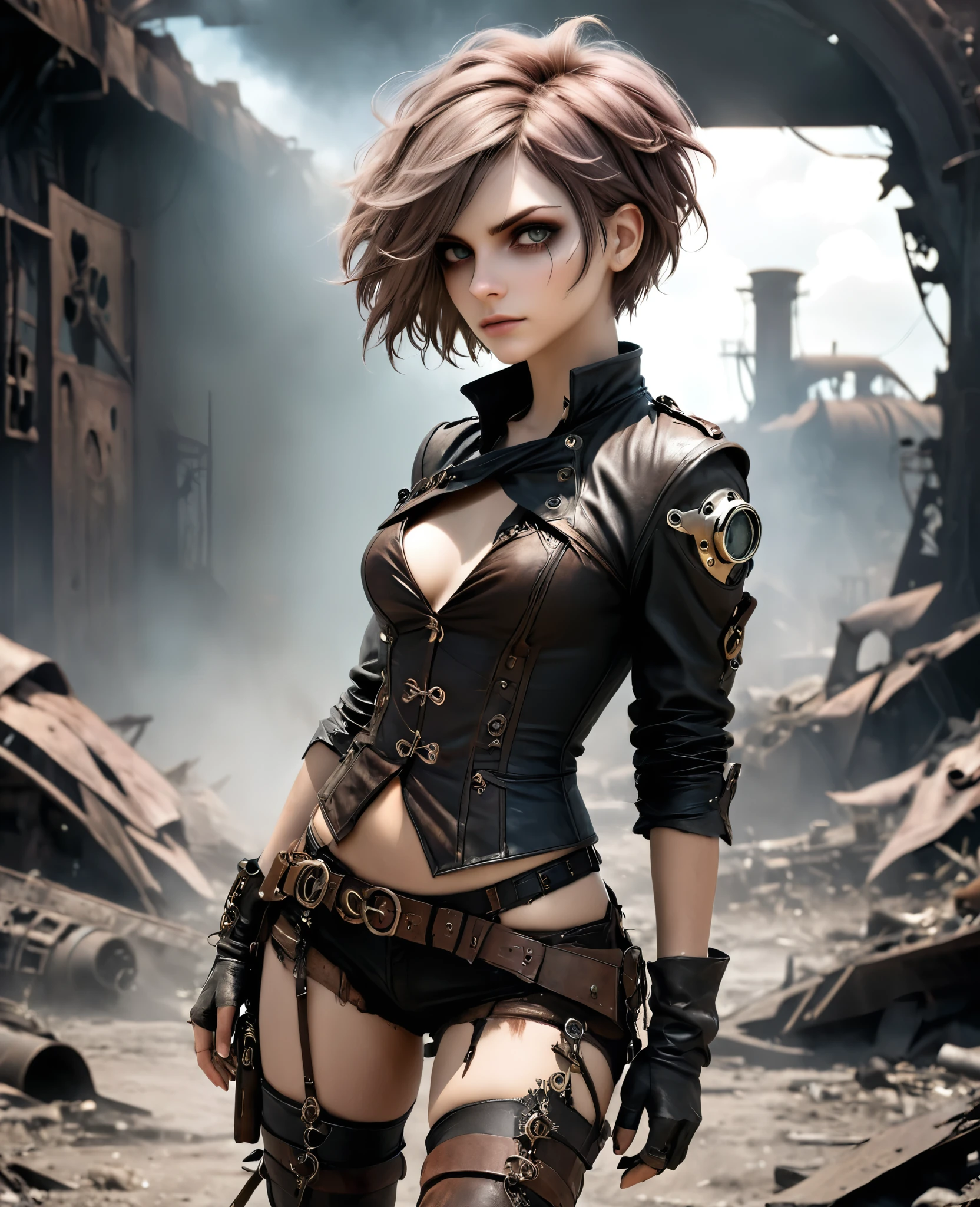 (((high resolution))), (((extremely detailed))), ((masterpiece)), dramatic shadows, depth of field, analog photo style, (world in which are collide steampunk and postapocalyptic vibes), postapocalyptic cute female in steampunk aesthetic, torn dirty clothes, depth of field, full body shot, unzoomed, (perfect body: 1.4), (sidecut short hairstyle), (stalking is quite common, although not the best way to make a living), looks interested, stylized atmosphere of unreality, dark aesthetic, dynamic pose, in motion, Armageddon, increase cinematic lighting, highly lifelike skin texture, parted lips, weary eyes, fine eyes, whitened skin, random hair colour, doomsday aura,