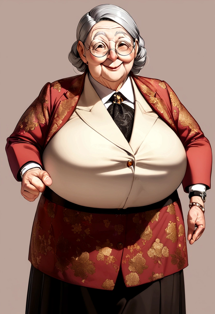 A chubby old woman with a cartoonish headless face and big, round glasses　attractive６０Generation　no hair at all　i am smiling