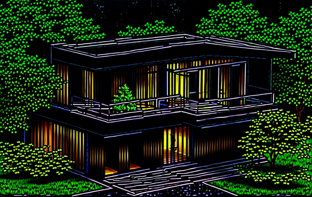 3D render of a beautiful house, Dark, gray tones, white wall. lumion render, night time render, insanely detailed rendering, realistic architecture, architectural visualization. The staircase leading into the house is tiled with black marble and has bright LED lights. Behind are hills and mountains with clear blue sky. The house with a large porch to sit and drink tea and LED lights, there is a large patio with a POOL, pine trees, grass, garden stones, roses, modernism, vivid and detailed, zen garden, lush garden surroundings, residential design, lush landscaping, dense with greenery, pristine and clean design, clean and pristine design. FLOWER GARDEN OF THE HOUSE WITH GREEN TREES AND LIGHTS. The main door is made of black aluminum and glass reaching up to the ceiling. Looking through the glass windows to look inside the house with luxurious interiors with luxurious and warm lights, interior lighting rendering and lighting effects. marble and wood and glass, dark and modern, luxcore render, taken with professional photography techniques, using a wide angle lens with bright natural light and high resolution details, in the style of professional photograph, hyper realistic, highly detailed.