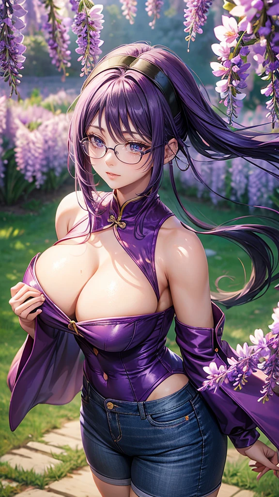 Chinese Idol Cute Mature Woman The spring wind blows large amount of wisteria flowers Lavender Fields Purple hair with bangs Hair blowing in the wind Rimless glasses Bright red rouge lips Big Breasts Wet purple shirt Blue denim hot pants Knee-high boots Turn around with your back Sit with your buttocks sticking out Turn around and make eye contact Photorealistic Happy expression Duck mouth masterpiece