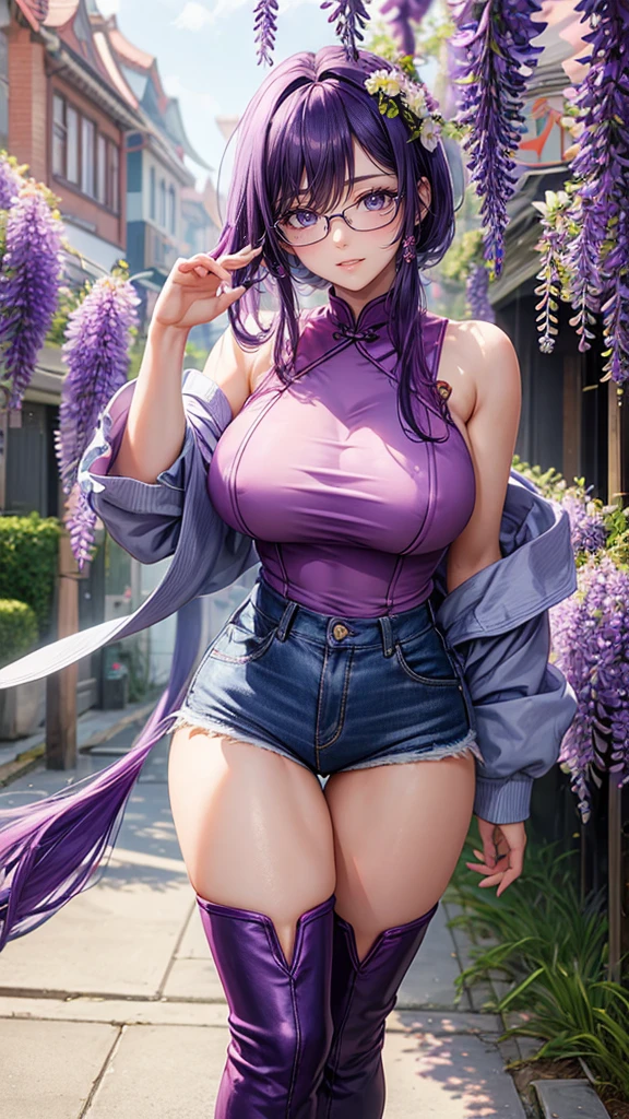 Chinese Idol Cute Mature Woman The spring wind blows large amount of wisteria flowers Lavender Fields Purple hair with bangs Hair blowing in the wind Rimless glasses Bright red rouge lips Big Breasts Wet purple shirt Blue denim hot pants Knee-high boots Turn around with your back Sit with your buttocks sticking out Turn around and make eye contact Photorealistic Happy expression Duck mouth masterpiece