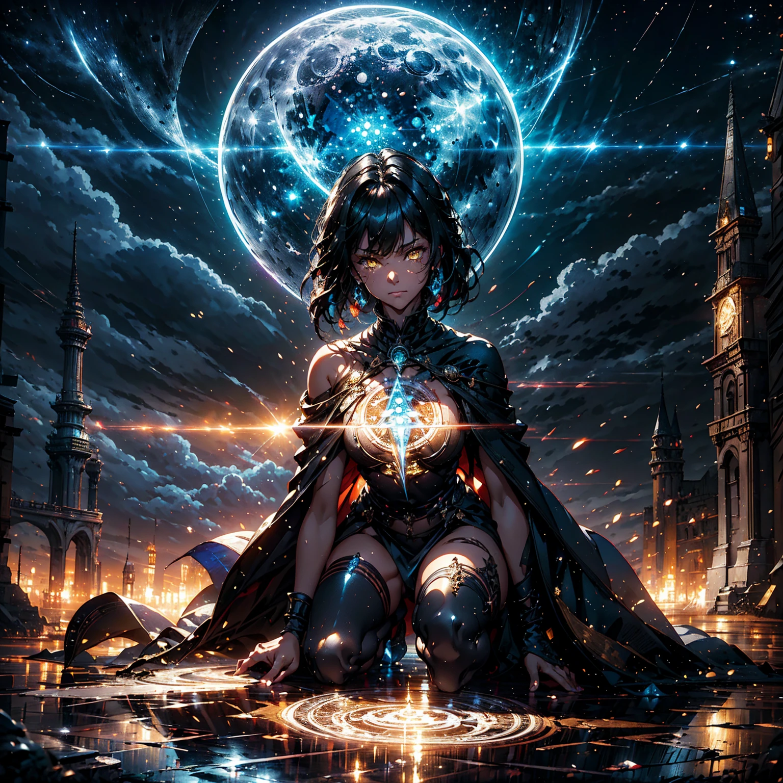 (masterpiece, highly detailed, 8k, best quality, detailed, vibrant colors, digital art, concept art), 1girl, (solo), bob hair with bangs, black hair, breasts, small size, yellow eyes, tanned skin, nude, full body, very sexy body, detailed face, kneeling, sad, tears, outdoors, tired, exhausted, dark magic circle, (night), white moon, moonlight, lightning, clouds, medieval castle