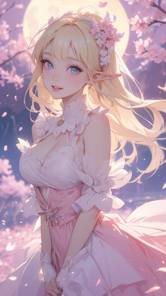 work of art, ultra creative, epic details, ultra detaild, best resolution, Woman, blonde, (BEAUTIFUL ELF), {wreath on head} ((rosto angelical)), sculptural body, pink outfit, ((perfect hands))), pink scenery, no mistakes, (((rosto ultra detaild ))), ((( olhos ultra detailds ))) glad, (expression of joy), (big smile on your face), Simple smile, moon in the background, Sakura petals around