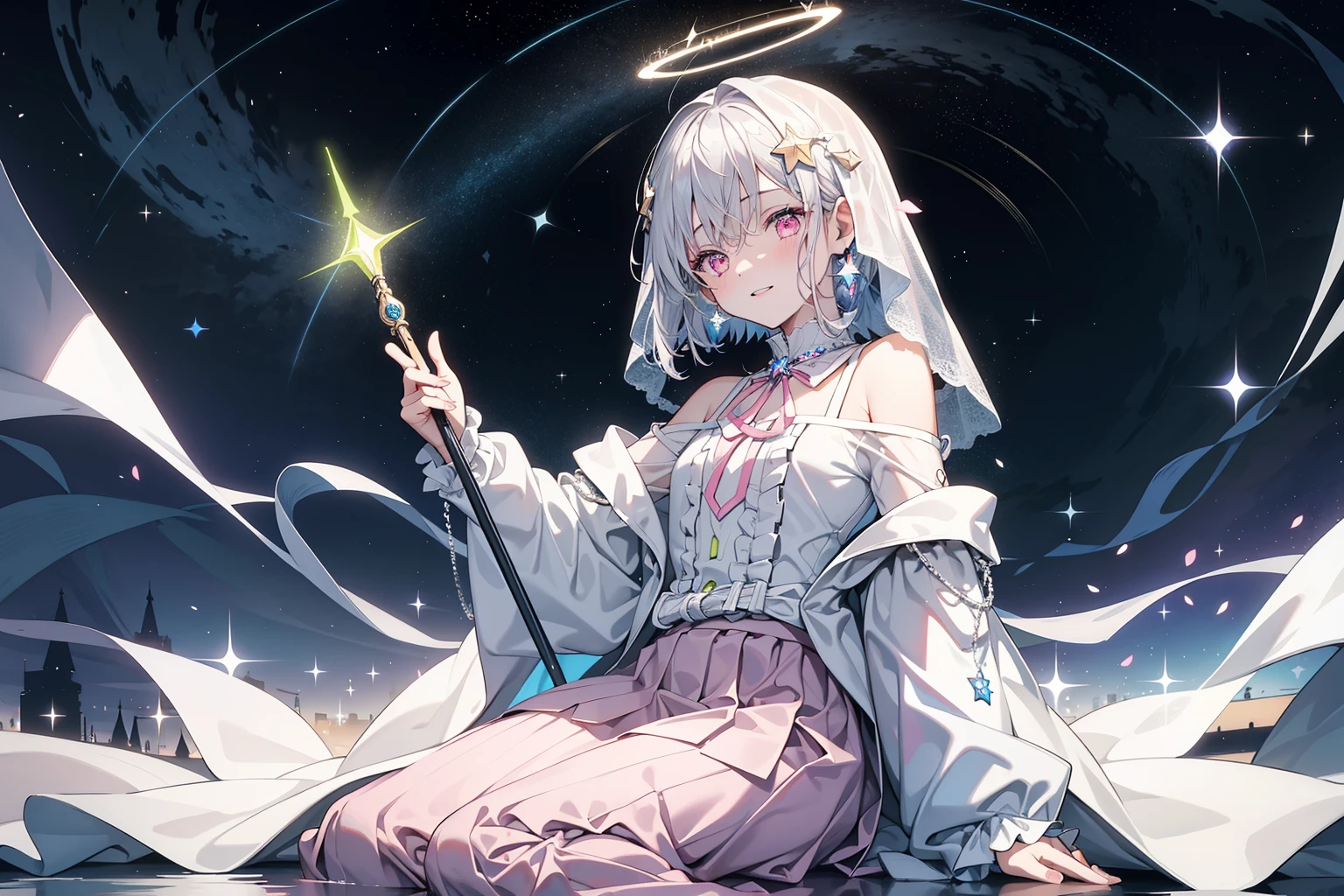 (best quality), (top-quality), (hight resolution), 8K images, (masterpiece), ((perfect face)), (detailed face), (detailed eyes), (clear lines), hair strand,Light skin, ((1girl)), ((solo)), beautiful fantasy anime, top rated on pixiv, (expressive eyes), (perfect eyes), ((((light_pink eyes)))), perfect face, grinning, ((white silver hair)), (white hair), braided bangs, hair over eyes, earrings, {{{{{{{super flat chest}}}}}}}, {{{{{{{flat chest}}}}}}}, (((((flat chest))))),(((long sleeve off shoulder shirt)), (((lime green outfit))), ribbon, (lime frilly vintage outfit), (a lot of frills), ((lime long skirt)), (((veil covering head))), (((beautiful halo above head))), she is floating in the air , holding a long silver magic chain，Award-winning photo，extremely detailed，finely detailled, (floating glowing crystals), wide shot, (beautiful detailed sky with a lot of stars)，(galactic), (lots of beautiful and delicate water), offficial art, game spash art, ultra epic detailed sky, perfect lighting, many mirrors floating, (magic silver chains around), (star rain), galaxy background, ((holding a silver wand with a lot of stars)), (sit on water ground)