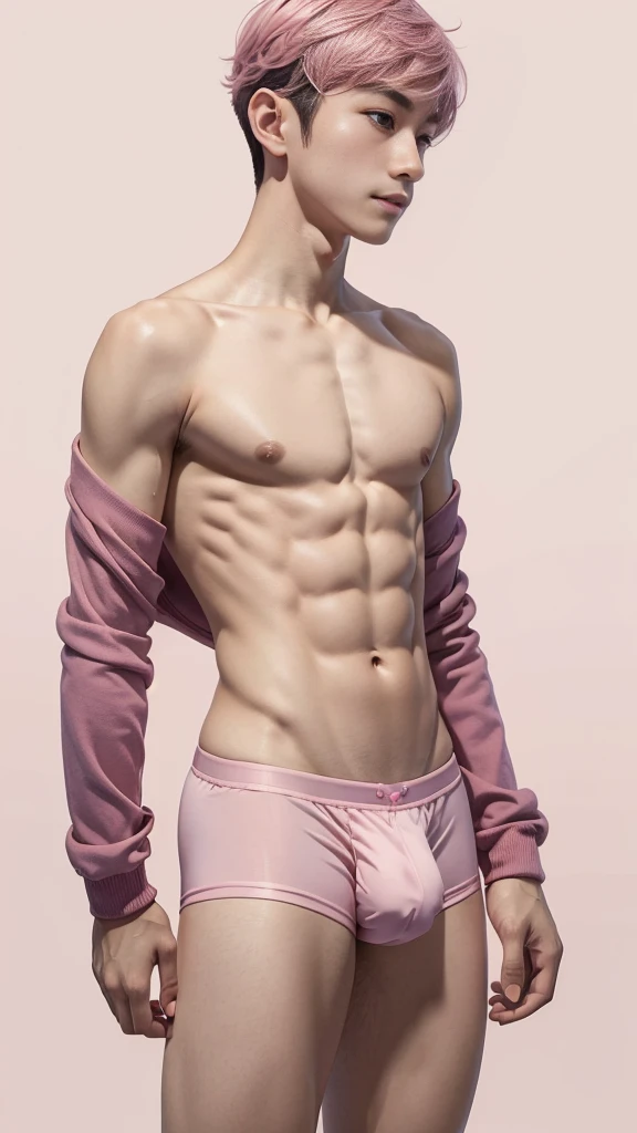 (Cute beautiful fragile short male boy Adalgusto), thin arms, flat chest, sexy legs, exposed sexy flat tummy, pink trunks, long sleeves cropped, little dick bulge, thigh socks , mountains background, short wavy pink hair, side view, shaved body, sexy curvy posture, subtle smile