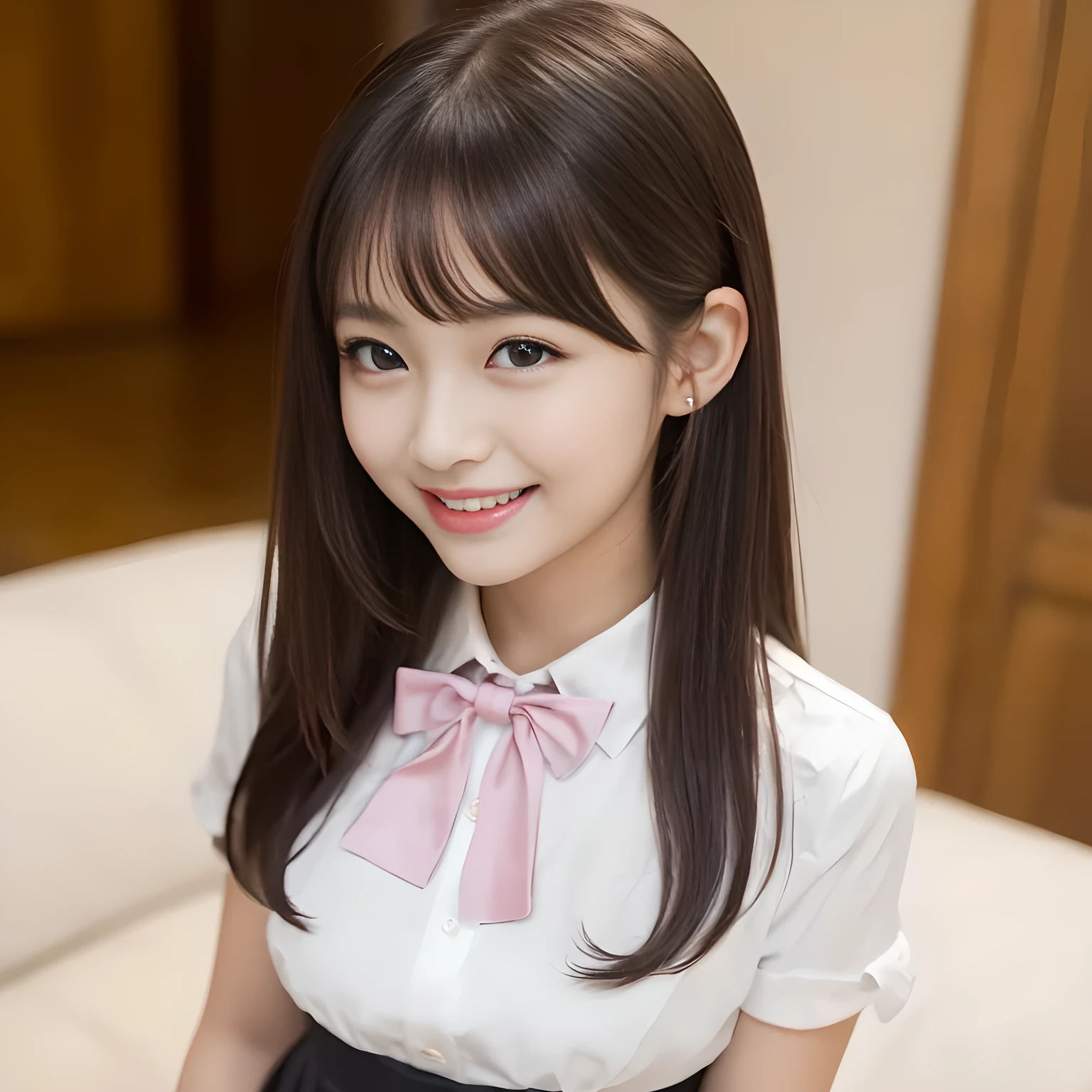 (highest quality, masterpiece:1.2), highest quality, High resolution, 1080P, 8K, Height: 158cm, ((A noble and intelligent girl like Japanese cute girly lady is hypnotizing and giggling, A very sweet, very noble, pretty and neat Japanese beautiful cute girl. Realistic very girly sweet cute princess is standing)), ((((************, popular fashion model)))), ((((White face with plump cheeks)))), Glossy lips, (Evenly cut bangs), ((Very beautifully laughing brown drooping gooey eyes)), (The very large, shiny, wide yellow ribbon bow-tie on her chest is very cute)., ((straight black very very long straight hair)), (((pink colored blouse))), (A neat school uniform), Very lustrous, glossy lips, Open hand over open mouth, Beautiful hair like a hair model, yellow hair ribbons, ((black pleated long skirt)), Watching the viewer and laughing, ((Incredibly well organized, The expression is rich. plump and beautiful skin and face)), ((Pure and clear sweetly smiling eyes)), Long eyelashes, ((smiling at me)), Glossy Lips, ((noble and neat)), ((Like a succubus is fascinating with magic and giggling)), ((((fascinating)))), ((up-curved lips)), ((looking at the viewer))