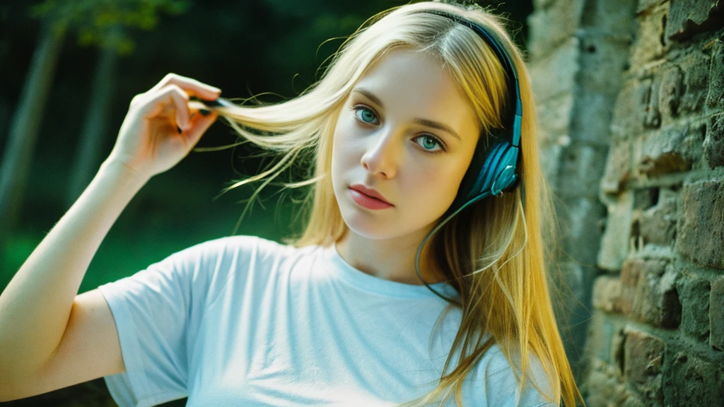 Beautiful blonde with big breasts in a T-shirt (Late night wilderness、walk),Wearing headphones,Very detailed, 21 years old, Innocent face, Long Straight Hair, blue eyes, High resolution, masterpiece, Highest quality, Intricate details, Very detailed, Clear focus, Delicate skin, practical skin texture, texture, Delicate eyes, Professional, 4K, Sad face,despair、 Shot with Canon, 85mm, Shallow and deep,  Kodak Vision Color, Exactly, Very detailed, photograph_\(Extremist\), photographpractical, practical, Post-processing, Maximum details, Roughness, Real Life, Extremist practical, Photorealism, photographgraphy, 8K Ultra HD, photographgraphy
