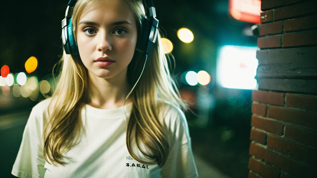 Beautiful blonde with big breasts in a T-shirt (Late night wilderness、walk),Wearing headphones,Very detailed, 21 years old, Innocent face, Long Straight Hair, blue eyes, High resolution, masterpiece, Highest quality, Intricate details, Very detailed, Clear focus, Delicate skin, practical skin texture, texture, Delicate eyes, Professional, 4K, Sad face,despair、 Shot with Canon, 85mm, Shallow and deep, Kodak Vision Color, Exactly, Very detailed, photograph_\(Extremist\), photographpractical, practical, Post-processing, Maximum details, Roughness, Real Life, Extremist practical, Photorealism, photographgraphy, 8K Ultra HD, photographgraphy