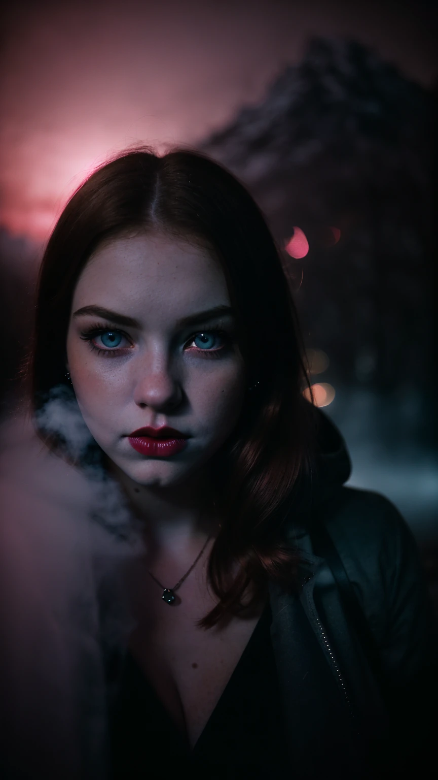 Analog photography featuring a melancholic American adult model (Ivy Snow) amidst the shadows of a dimlit mountain at night, blonde curvy-girl (18yo, Smokey eyes, very pale skin(PORCELAIN SKIN), large breasts, tightened thighs, Chubby blonde-girl)-Bold pink-lips, Pout face expression. Her bright blue-eyes(piercing through the darkness). Standing all in CANDID poses, and holding a plastic-bag. The photograph captures the cold and foggy of the night(with its Sad atmosphere and the sense that something oppressive is about to unfold). A subtle haze and a soft focus on the background enhance the quality of the image, (backlighting), Horror movie effects, The natural light casts long shadows, accentuating the desaturated colors and oppressive & frost atmosphere of this vintage-photography-style image. A 70mm grainy film captures the scene, with a bokeh effect softening the focus, -enhancing the overall composition. ((CLOSE UP SHOT, FOCUSING IN BOLD PINK-LIPS)), FROM THE BELOW VIEW
