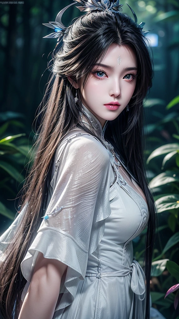 best quality, masterpiece, Big , (Large Breasts), Delicate skin texture, Detailed fabric texture, Delicate face, Super Detail, 8K, Intricate details, 1 Girl, 30 years old, High contrast, High resolution eyes, Purple-haired goddess，Royal sister，Sexy，Black Silk，Long legs。