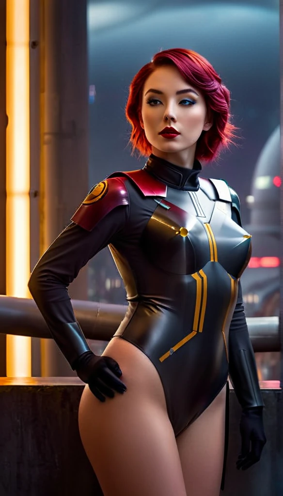 beautiful detailed eyes,thin waist,lovely figure,confident expression,tall and slender,redhead,standing in a futuristic city background,looking over her shoulder,
shiny metallic texture,reflection of the city lights on her latex bodysuit,perfectly fitting curves,
imposing imperial officer hat,impressive armor details,commanding presence,
striking contrast between the dark city and her vibrant red hair,
subtle shadows and highlights on her face,dynamic lighting emphasizing her features,
subtle lens flare in the background,adding a touch of sci-fi atmosphere,
vivid colors,enhancing the overall visual impact of the artwork,
meticulous attention to detail,realistically capturing the intricate design of the imperial officer uniform,
allure and seductiveness exuded by her stunning appearance,
capturing the essence of sabine wren, a strong and fierce character from the Star Wars universe,
emphasis on the sensuality and confidence of the woman depicted,
exuding an air of mystery and intrigue,
creating a visually stunning masterpiece that captivates the viewer's attention.