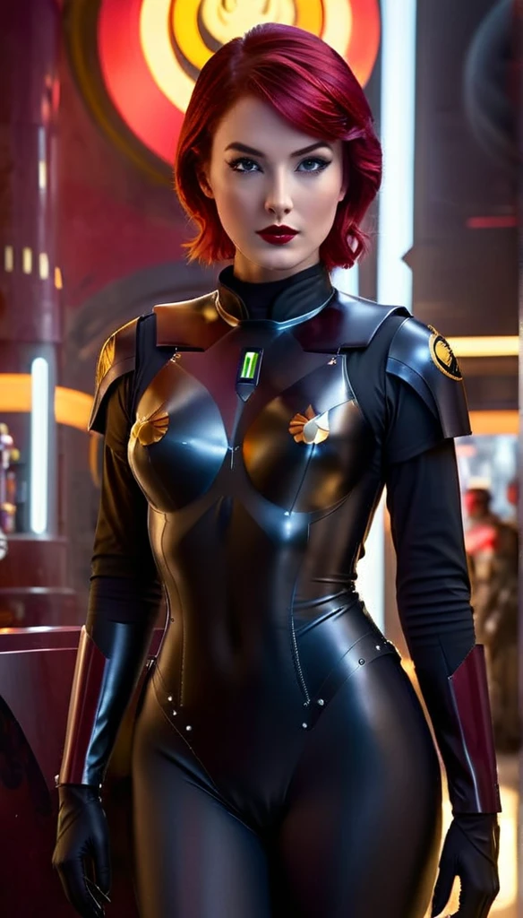 beautiful detailed eyes,thin waist,lovely figure,confident expression,tall and slender,redhead,standing in a futuristic city background,looking over her shoulder,
shiny metallic texture,reflection of the city lights on her latex bodysuit,perfectly fitting curves,
imposing imperial officer hat,impressive armor details,commanding presence,
striking contrast between the dark city and her vibrant red hair,
subtle shadows and highlights on her face,dynamic lighting emphasizing her features,
subtle lens flare in the background,adding a touch of sci-fi atmosphere,
vivid colors,enhancing the overall visual impact of the artwork,
meticulous attention to detail,realistically capturing the intricate design of the imperial officer uniform,
allure and seductiveness exuded by her stunning appearance,
capturing the essence of sabine wren, a strong and fierce character from the Star Wars universe,
emphasis on the sensuality and confidence of the woman depicted,
exuding an air of mystery and intrigue,
creating a visually stunning masterpiece that captivates the viewer's attention.