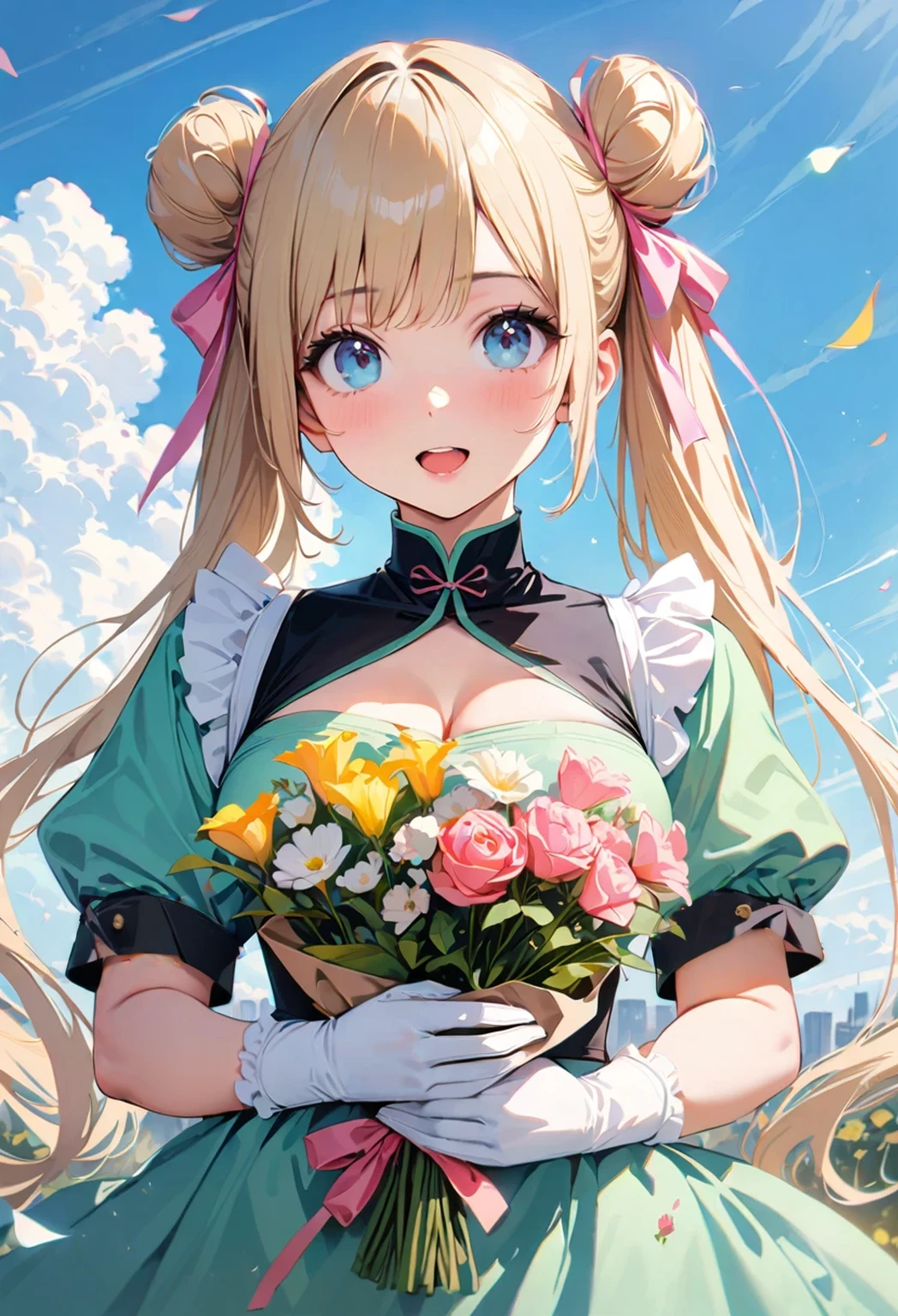 30 years old,1 mature woman,hyperrealistic, 8k, (extremely detailed 8k), (very delicate and beautiful), (masterpiece), (better quality:1.0), (ultra high resolution:1.0), (masterpiece, best quality), cute,blonde,cleavage cutout,(broen dress:1.3),gleaming skin,twintails,twin bun,a pink ribbon on the head,long hair,pastel green chinese maid dress,pastel green chinese dress,white long gloves,hold a bouquet of flowers,face and body straight at the camera,a bunch of flowers,POV,bust shot,white frill,puffy sleeves,laugh with open mouth,tareme,sky blue eyes,short truffle half apron,a gold buckle around someones neck,white corset