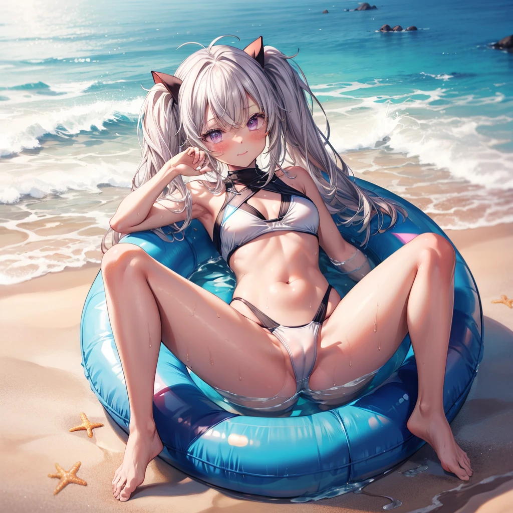 ((Highest quality)), ((masterpiece)), (detailed), an anime girl, in white bikini, on large circular floatie, 1girl, beach, 独奏, swimsuit, barefoot, one-piece swimsuit, sand, purple eyes, twintails, wet, spread legs, covered navel, breasts, lying, blush, on back, white one-piece swimsuit, looking at viewer, outdoors, long hair