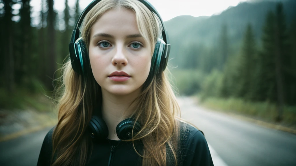 Beautiful blonde with big breasts in black mode casual (wilderness、sit),Wearing headphones,Very detailed, 21 years old, Innocent face, Wavy Hair, blue eyes, High resolution, masterpiece, Highest quality, Intricate details, Very detailed, Clear focus, Delicate skin, practical skin texture, texture, Delicate eyes, Professional, 4K, Sad face,despair、 Shot with Canon, 85mm, Shallow and deep,  Kodak Vision Color, Exactly, Very detailed, photograph_\(Extremist\), photographpractical, practical, Post-processing, Maximum details, Roughness, Real Life, Extremist practical, Photorealism, photographgraphy, 8K Ultra HD, photographgraphy