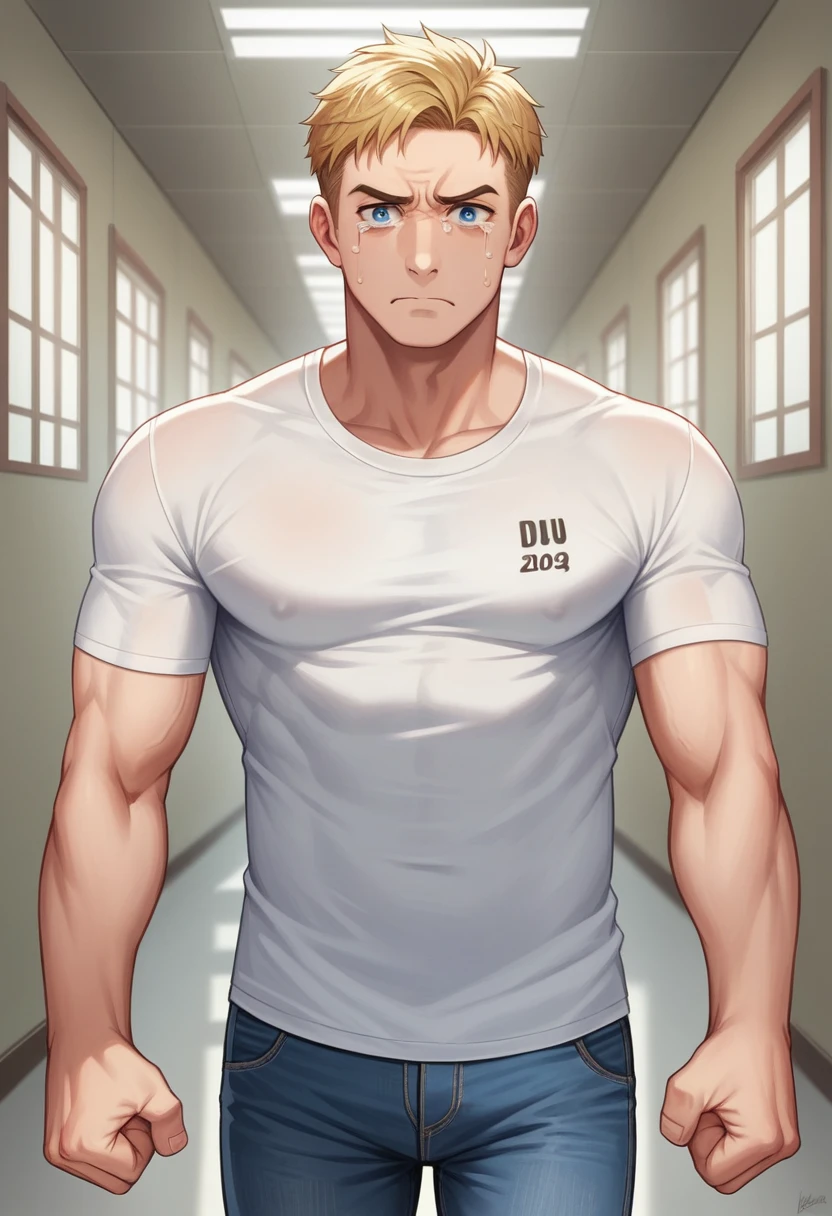 Illustration, detailed illustration, ultra detailed, masterwork, 1boy, 20 year old man, handsome, toned, sad expression, anguished expression, upward angle, dynamic angle, looking at viewer, short blonde hair, blue eyes, hallway, rugby shirt, jeans, clenched fist, tears in eyes, looking down, dynamic pose
