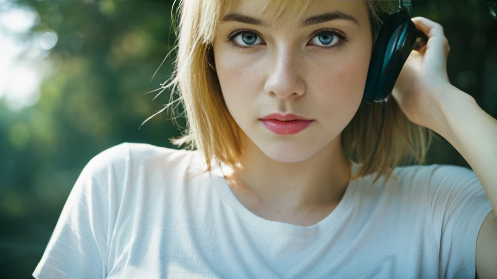 Beautiful blonde with big breasts in a T-shirt (wilderness、walk),Wearing headphones,Very detailed, 21 years old, Innocent face, Bob Hair, blue eyes, High resolution, masterpiece, Highest quality, Intricate details, Very detailed, Clear focus, Delicate skin, practical skin texture, texture, Delicate eyes, Professional, 4K, Sad face,despair、 Shot with Canon, 85mm, Shallow and deep, Kodak Vision Color, Exactly, Very detailed, photograph_\(Extremist\), photographpractical, practical, Post-processing, Maximum details, Roughness, Real Life, Extremist practical, Photorealism, photographgraphy, 8K Ultra HD, photographgraphy