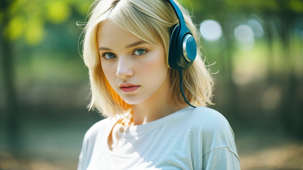 Beautiful blonde with big breasts in a T-shirt (wilderness、walk),Wearing headphones,Very detailed, 21 years old, Innocent face, Bob Hair, blue eyes, High resolution, masterpiece, Highest quality, Intricate details, Very detailed, Clear focus, Delicate skin, practical skin texture, texture, Delicate eyes, Professional, 4K, Sad face,despair、 Shot with Canon, 85mm, Shallow and deep,  Kodak Vision Color, Exactly, Very detailed, photograph_\(Extremist\), photographpractical, practical, Post-processing, Maximum details, Roughness, Real Life, Extremist practical, Photorealism, photographgraphy, 8K Ultra HD, photographgraphy