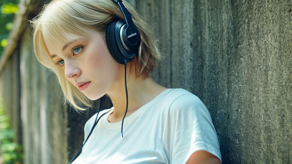 Beautiful blonde with big breasts in a T-shirt (wilderness、walk),Wearing headphones,Very detailed, 21 years old, Innocent face, Bob Hair, blue eyes, High resolution, masterpiece, Highest quality, Intricate details, Very detailed, Clear focus, Delicate skin, practical skin texture, texture, Delicate eyes, Professional, 4K, Sad face,despair、 Shot with Canon, 85mm, Shallow and deep,  Kodak Vision Color, Exactly, Very detailed, photograph_\(Extremist\), photographpractical, practical, Post-processing, Maximum details, Roughness, Real Life, Extremist practical, Photorealism, photographgraphy, 8K Ultra HD, photographgraphy