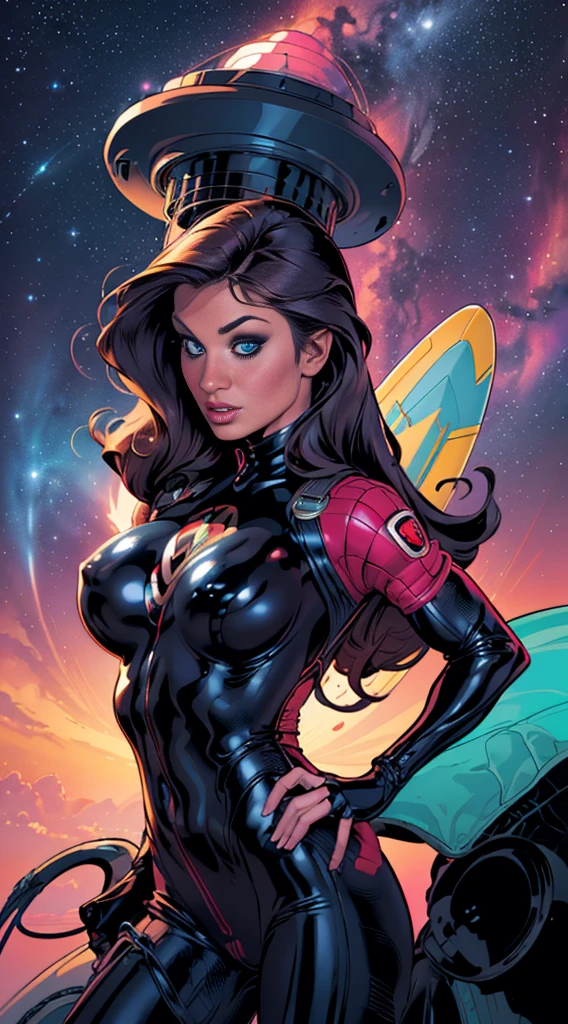 Rita Faltoyano wearing a tight white space suit with futuristic cybberpunk red trim, while flying through space on a surfboard. (((fully body))) on the comic panel, whole body, bold lineart illustration comics, alluring blue eyes, parted lips, perfectbody, curved, fitness, nsfw, in the style of Adam Hughes, (((masterpiece))), (((grown-up))) Explore retro-futuristic aesthetics, highlighting your confidence and skill while challenging the limits of the cosmos.