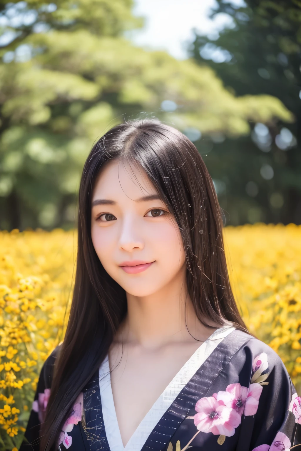 Super super realistic、high quality、Very detailed、Ultra-high resolution、Black Hair、Long Hair、The Beauty of Japan、No makeup、double、Wide-set eyes、Sensual eyes、Sleepy eyes、Apple Cheeks、Alabaster peel、Thin eyebrows 、teeth、Thick lips、Big Hips、sad、behind、Embarrassing 、Apply blush all over the face、Sticking out tongue、Mole under eye、Half-closed eyes、Hollow Eyes、envy、Exhausted、19 years old、height: 147cm、she wearing deep purple and black kimono、standing on Flower Meadow of Delphinium、sunlight、full body、