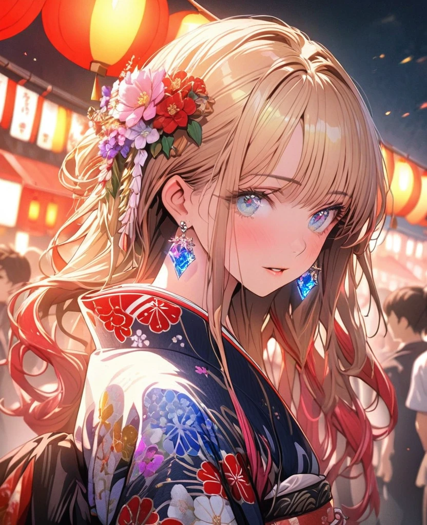 8K,gal,an extremely delicate and beautiful,Beautiful and realistic skin,Shiny jewel-like earrings,Long colorful hair,beautiful eyes,whole body,head to toe,beautiful regs,beautiful Traditional Japanese Happi coat,summer festival